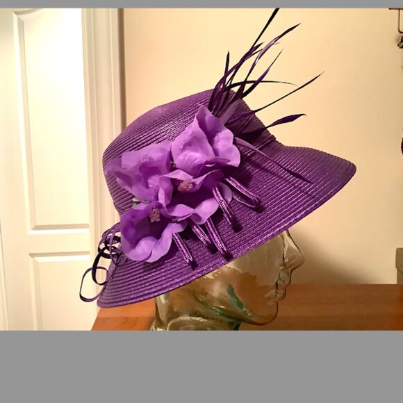 August Purple medium down-turn brim  hat with flowers & feather details on top main image 7